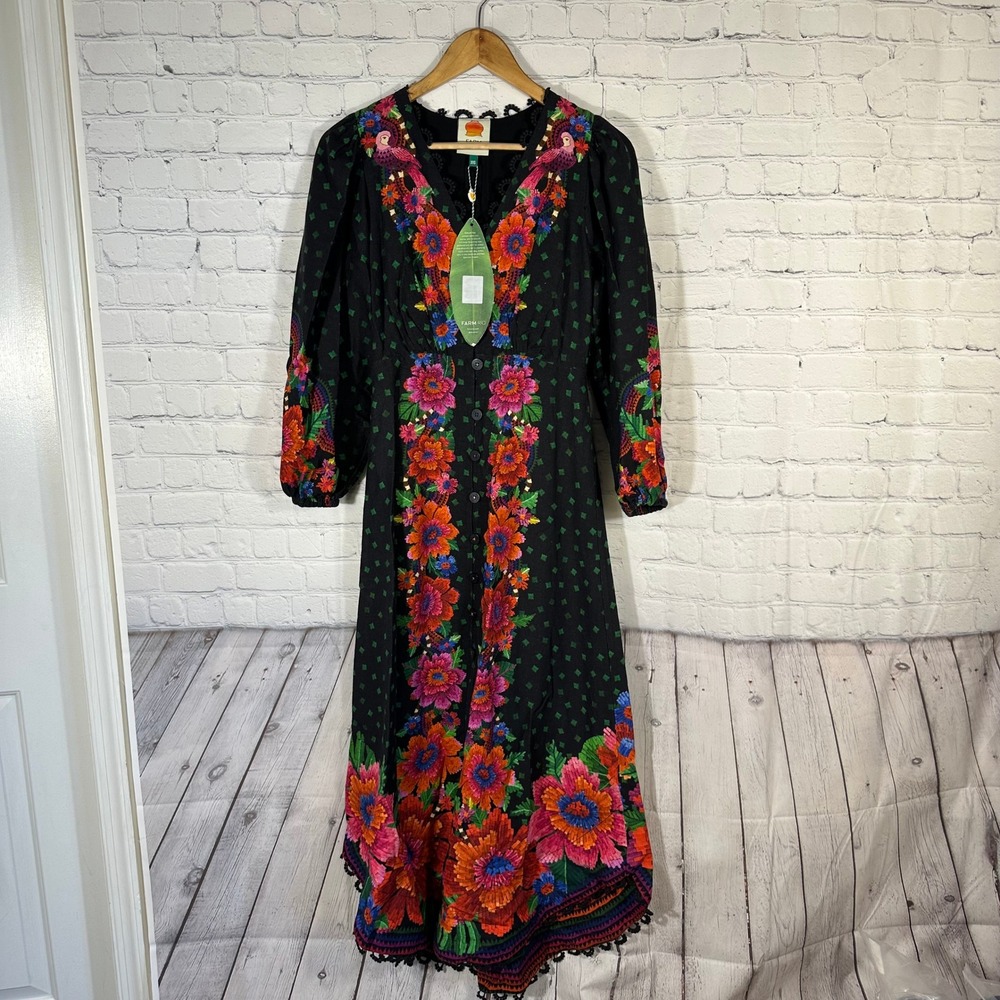 Farm Rio Dress Blooming Garden Black‎ Tropical Tapestry Maxi XXS NWT Floral